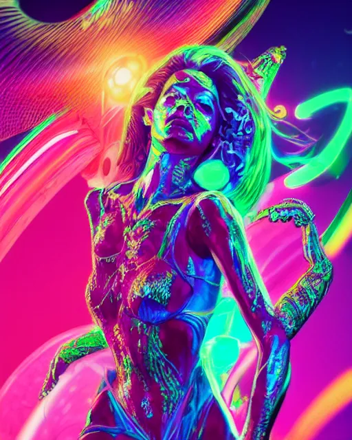 Image similar to a powerful energy psychedelic neon woman, by alexander fedosav, hyper detailed digital matte painting, concept art, hyperrealism, 1 6 k resolution, cinema 4 d, 8 k resolution, trending on artstation, behance hd, a masterpiece, by stephan martiniere, particles, cel - shaded, power bright neon energy, by david a. hardy,