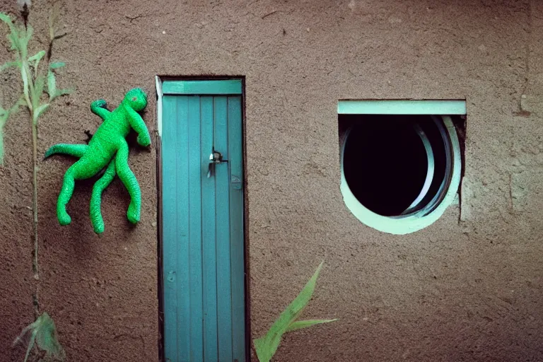 Prompt: a photo of a toilet chameleon in its natural habitat, kodak ektachrome e 1 0 0 photography