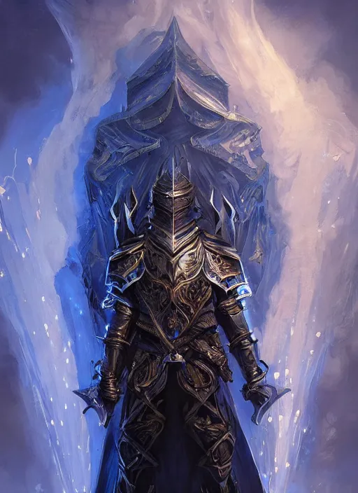 Prompt: kaladin stormblessed in shardplate. a knight in amazing fantasy armor that glows, bursting with blue light, sleek, lightweight but imposing, light glowing from the decorations and inscriptions. intricate and ornate. concept art from artstation. beautiful highly detailed fantasy painting by greg rutkowski