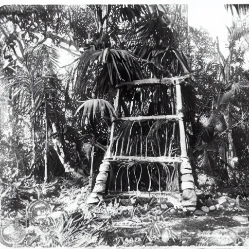 Image similar to a rizom lost film footage of a sacred ( ( ( ( ( ( ( indigenous ) ) ) ) ) ) ) artifact in the middle of the ( ( ( ( ( ( ( ( ( ( tropical jungle ) ) ) ) ) ) ) ) ) ) / ethnographic object / film still / cinematic / enhanced / 1 9 0 0 s / black and white / grain