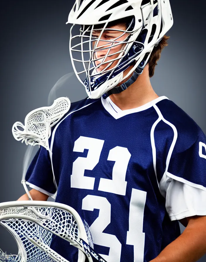 Prompt: closeup portrait of very beautiful cute male lacrosse player wearing a cascade xrs lacrosse helmet in a penn state stadium, glamour pose, particle effects, backlit, highly detailed, soft ambient lighting, sharp focus, rule of thirds, artgerm, wlop, arney freytag, rossdraws, frank frazetta, andrei riabovitchev, hd, octane, 4 k