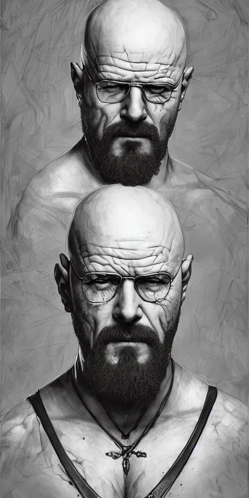 Image similar to Heisenberg as Kratos, highly detailed, digital painting, artstation, concept art, smooth, sharp focus, illustration, ArtStation, art by artgerm and greg rutkowski and alphonse mucha and J. C. Leyendecker and Edmund Blair Leighton and Katsuhiro Otomo and Geof Darrow and Phil hale and Ashley wood and Ilya repin and Charlie Bowater