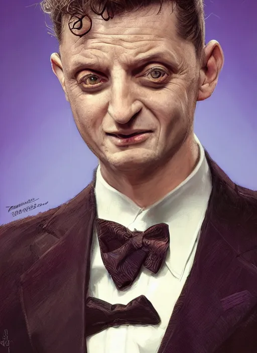 Prompt: portrait of Tim Robinson from I Think You Should Leave (2019), highly detailed, tuxedo, centered, solid color background, digital painting, artstation, concept art, smooth, sharp focus, illustration, donato giancola, Joseph Christian Leyendecker, Les Edwards, Ed Repka, WLOP, Artgerm