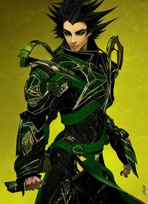 Image similar to Half body portrait of a handsome black haired elven warlord in black, green and gold jacket. In style of Yoji Shinkawa and Hyung-tae Kim, trending on ArtStation, dark fantasy, great composition, concept art, highly detailed.