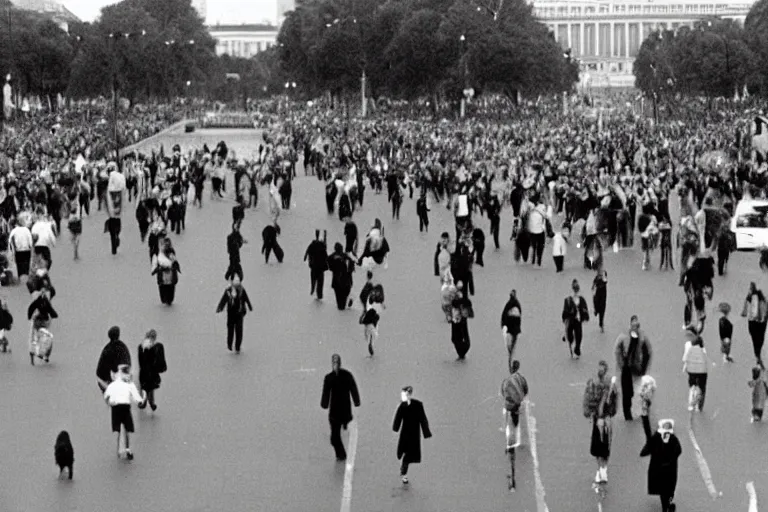 Image similar to CCTV Footage slenderman on the mall, scared people, people running, black and white, year 1990s