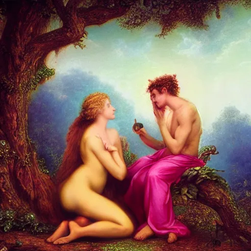 Prompt: a colorful luminous rococo fairytale of adam and eve in paradise eating the apple from the tree of knowledge, by gustave dore but in color, colorized, hyper realistic, classical style art, light colorful pastel color scheme, volumetric lighting, rendered with unreal engine 5, rococo style, octane, trending on cgsociety