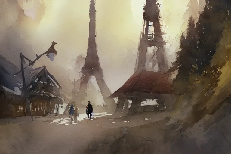 Prompt: small centered on watercolor paper, paint brush strokes, abstract watercolor painting of slavic wooden architecture style giant tower, midday sharp light, dust, cinematic light, american romanticism by hans dahl, by jesper ejsing, by anders zorn, by greg rutkowski, by greg manchess, by tyler edlin