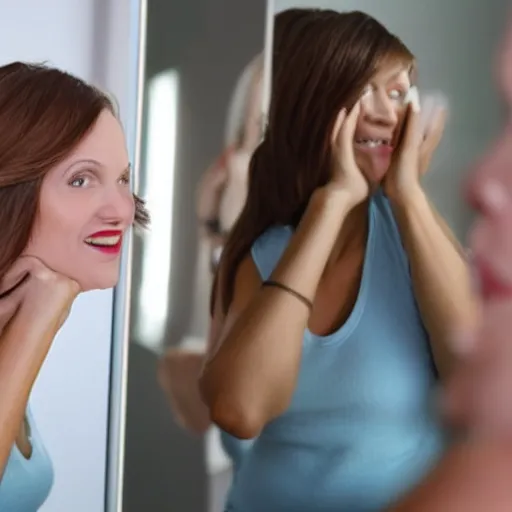 Prompt: ugly woman looking in the mirror happily