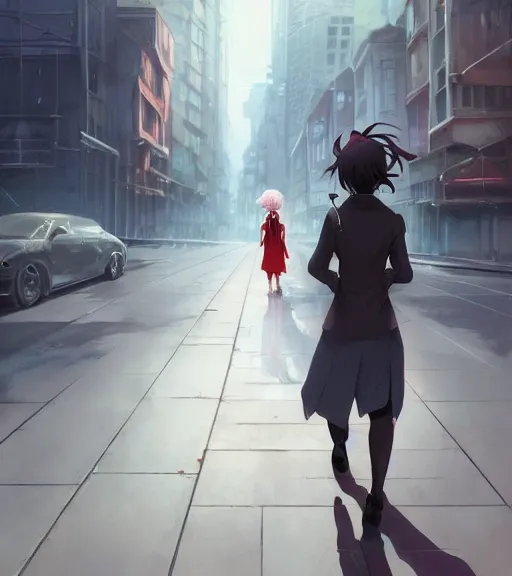 Prompt: a girl in a business is walking in the middle of the street, she has a red necktie and grey hair, digital painting, by tran ross and jordan grimmer and greg rutkowski, anime art, artstation, hd, smooth,