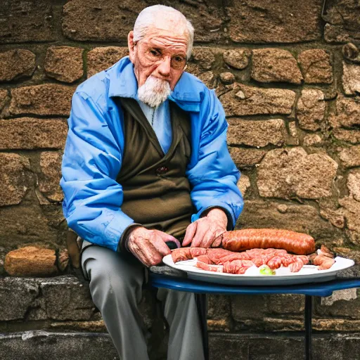 Image similar to An elderly man posting a sausage, Canon EOS R3, f/1.4, ISO 200, 1/160s, 8K, RAW, unedited, symmetrical balance, in-frame