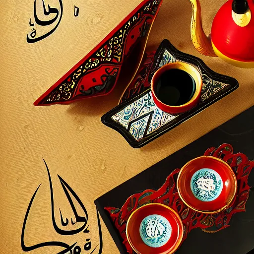 Image similar to arabic calligraphy by pollock, moroccan tea set, product photography, product design