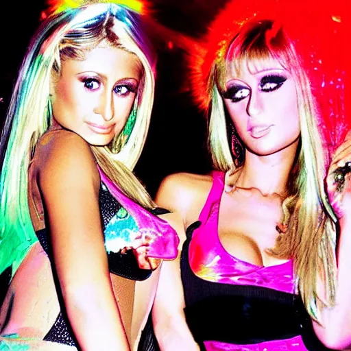 Prompt: “high quality image of paris hilton and ayesha erotica clubbing in a colourful club, realistic 8K HD”