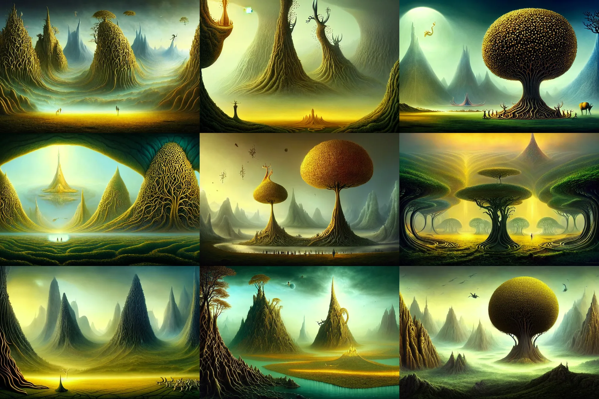 Prompt: a beautiful epic stunning amazing and insanely detailed matte painting of alien dream worlds with surreal architecture designed by Heironymous Bosch, behold the great beautiful golden tree Glasir and the mighty stag Eikthyrnir, mega structures inspired by Heironymous Bosch's Garden of Earthly Delights, vast surreal landscape and horizon by Cyril Rolando and Andrew Ferez and Charlie Bowater and Thomas Kinkade, masterpiece!!, grand!, imaginative!!!, whimsical!!, epic scale, intricate details, sense of awe, elite, wonder, insanely complex, masterful composition, sharp focus, dramatic lighting