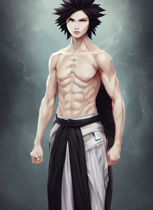 Prompt: a highly detailed illustration of fierce short white!!! haired young japanese man wearing hakama, black! sclera! eyes, dramatic serious pose, muscular, intricate, elegant, highly detailed, centered, digital painting, artstation, concept art, smooth, sharp focus, league of legends concept art, wlop