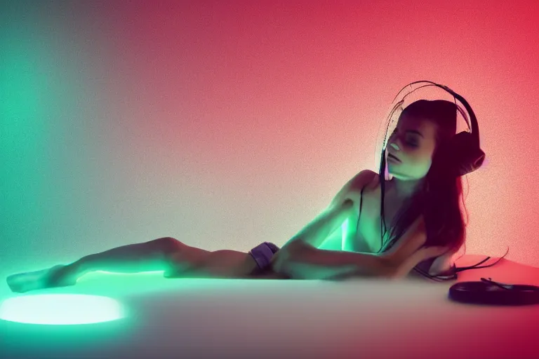 Image similar to a cute girl wearing headphones sitting on a cloud relaxing, misty, glows, blender render, hazy, foggy, red lighting, ambient lighting, 8 k, neon, synthwave, cyberpunk,