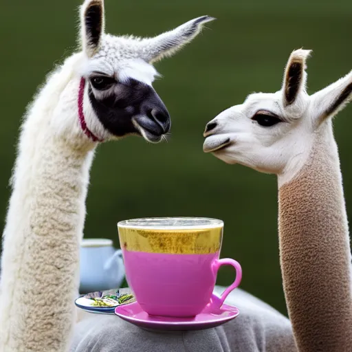 Image similar to a llama having tea with the queen, 8k, award winning photo