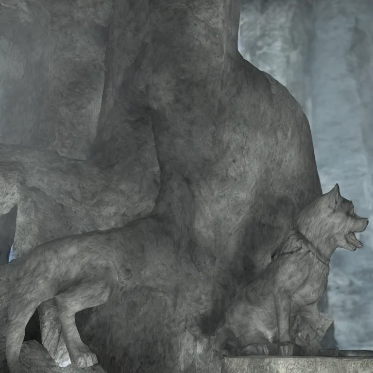 Image similar to a grey and rough hewn shiba inu statue guarding a draugr tomb, light coming in through cracks, skyrim pc screenshot