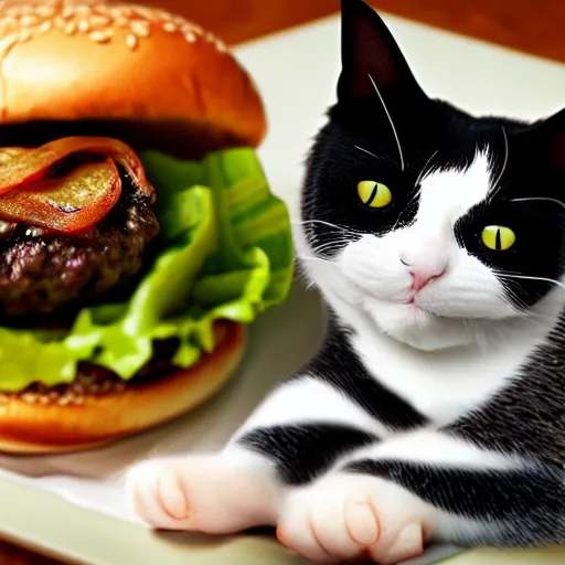 Prompt: a burger in the shape of a cat, with fries, 4 k