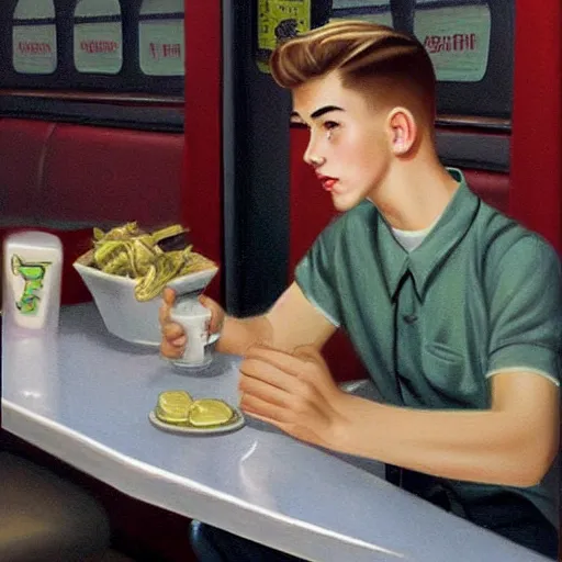 Prompt: 1 9 5 0 s rebel teen male at the local diner, art by wes hempel