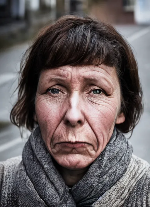 Prompt: Mid-shot portrait of a 50-year-old woman from Norway with short hair, looking tired, candid street portrait in the style of Martin Schoeller award winning, Sony a7R