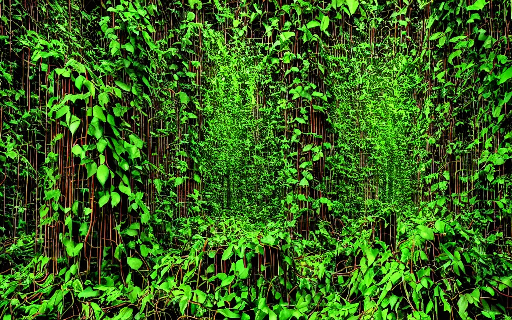 Prompt: Multiple layers of perspective Deep dark green jungle vines. metal foundry Clay sculpture by Magritte. Surreal sense of scale and depth. mind bending illusions of light and shadows by Magritte and Jackson Pollock. Huge clay art installation in an abandoned metal foundry. red, gold, green, black.