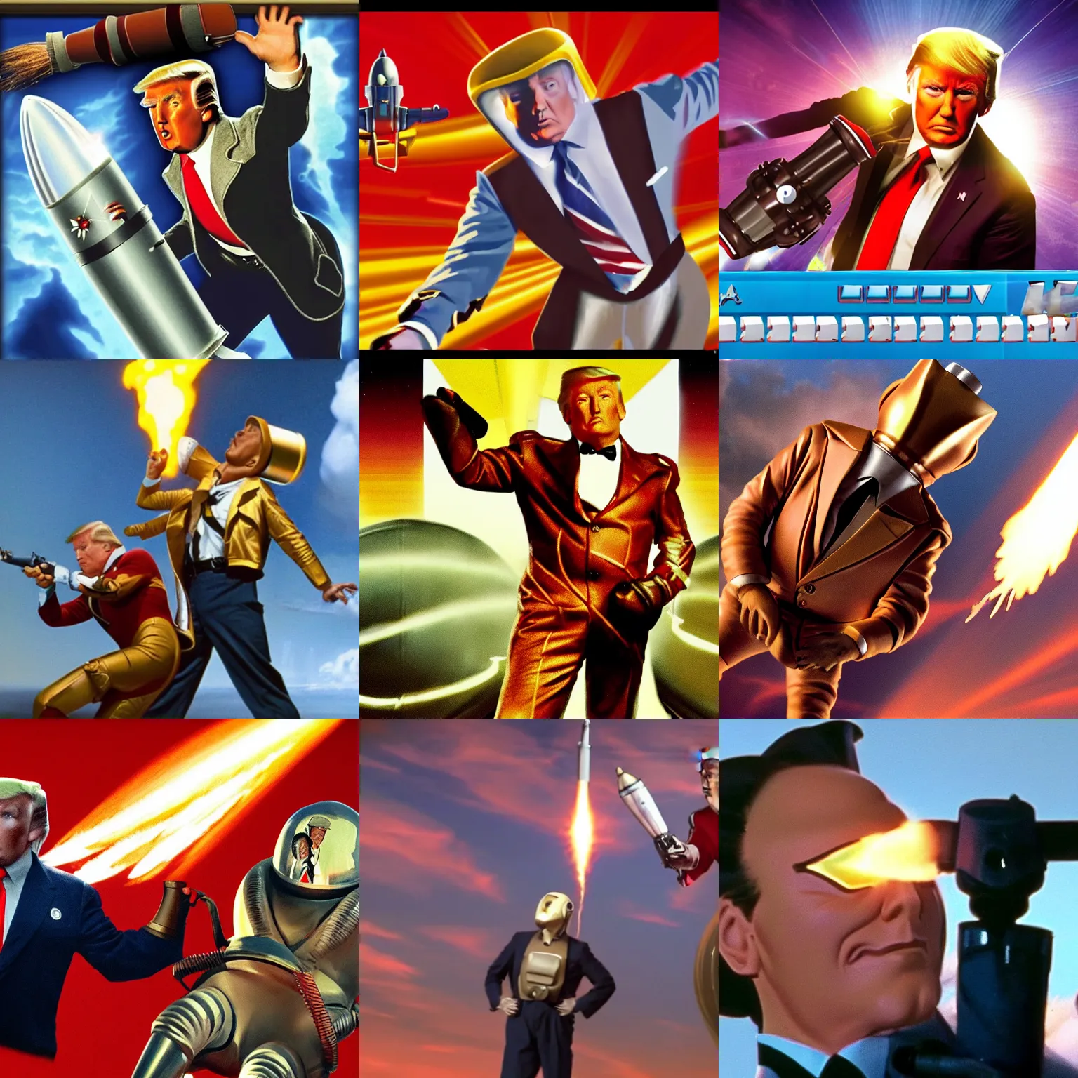 Prompt: screenshot the rocketeer played by portrait donald trump with a rocket jetpack, 4 k, scene, trump hair