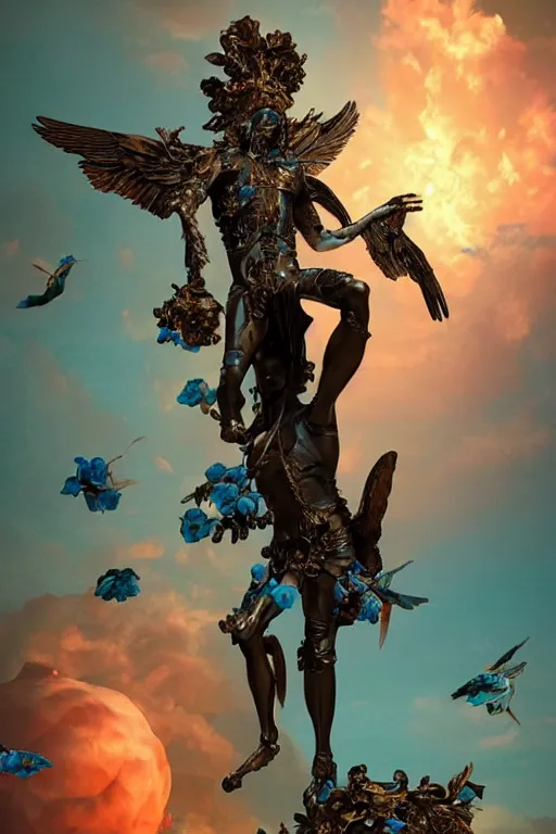 Prompt: a young handsome Spanish prince in a full-body bronze cyberpunk style statue of Icarus with glowing blue eyes, crown of peach roses, flowing teal-colored silk, fabric, flowers. baroque elements, human skull. full-length view. baroque element. intricate artwork by caravaggio. many many birds birds on background. Trending on artstation, octane render, cinematic lighting from the right, hyper realism, octane render, 8k, depth of field, 3D