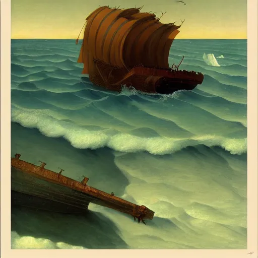 Image similar to a shipwreck at the bottom of the sea by Raphael, Hopper, and Rene Magritte. detailed, romantic, enchanting, trending on artstation.