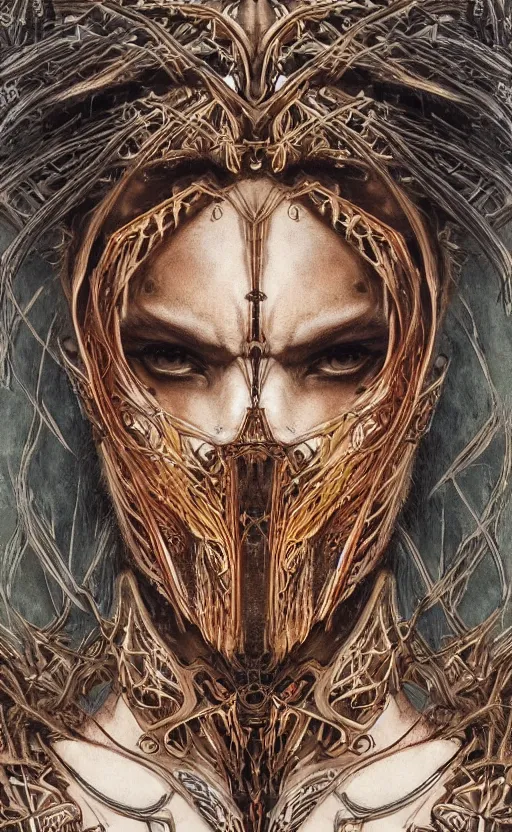 Prompt: Elden Ring themed painting of hybrid majestic aztec warrior fantasy biomechanical human beautiful immortal angel symmetrical face angry mask closeup face breathing mask tattoo pattern golden ratio concept, deep forest psytrance Neo-Gothic concept, infinity glyph waves, intricate artwork masterpiece, very coherent artwork, cinematic, full frontal facial features by Artgerm, Takato Yamamoto, Zdizslaw Beksinski, Johnatan Wayshak, Moebius, Ayami Kojima, very coherent artwork, trending on cgsociety, ultra high quality model, production quality cinema model, high detail chromatic ink outline, octane render, unreal engine 8k, hyper realism, high detail, octane render, unreal engine, 8k, High contrast