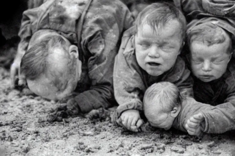 Image similar to newborn baby soldiers crawling, storming normandy, old world war 2 photo, film grain