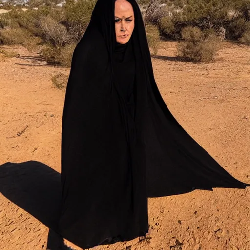 Image similar to beautiful demon woman wearing only a black blanket in a desert