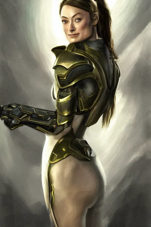 Image similar to a professional painting of a young Olivia Wilde, clothes in military armor, olive skin, long dark hair, beautiful bone structure, symmetrical facial features, intricate, elegant, digital painting, concept art, smooth, sharp focus, illustration, from StarCraft by Ruan Jia and Mandy Jurgens and Artgerm and William-Adolphe Bouguerea