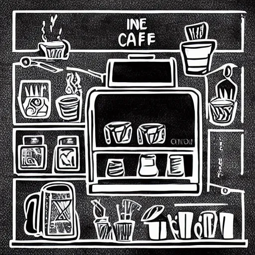 Image similar to hand - drawn minimalistic line cartoon of cannabis cafe setup, black and white, pictogram, ink, pencil