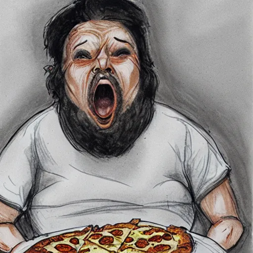 Image similar to a half-dwarf man eating cheese pizza, focus face, hard sketch