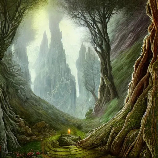 Prompt: a beautiful and highly detailed oil painting of an elven temple deep in the misty mountains, secret valley, tall spires, beautiful trees, ancient runes, intricate details, epic scale, insanely complex, 8 k, sharp focus, hyper realism, fantasy landscape, psychedelic, by caspar friedrich and brian froud,