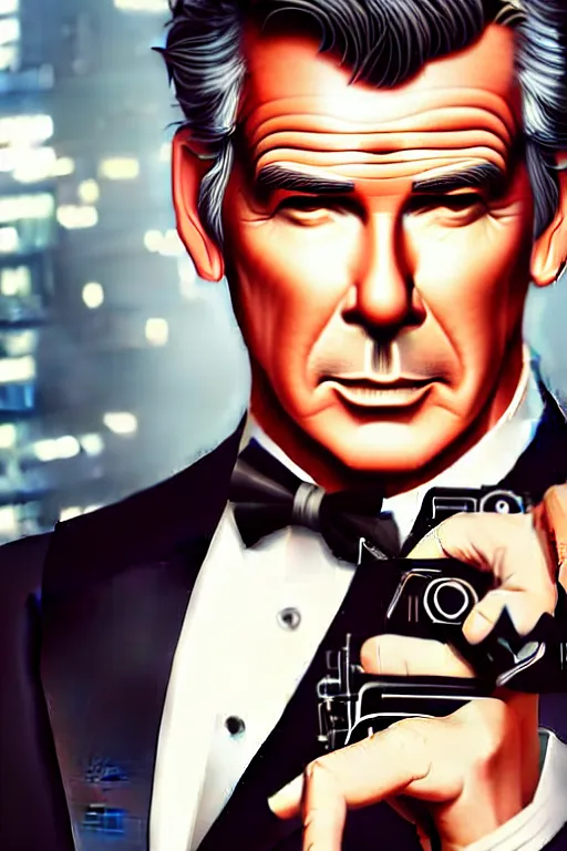 Prompt: Pierce Brosnan as James Bond, art deco background, cinematic bokeh, intricate James Bond background, elegant!, sharp focus, art by Artgerm and beeple and WLOP