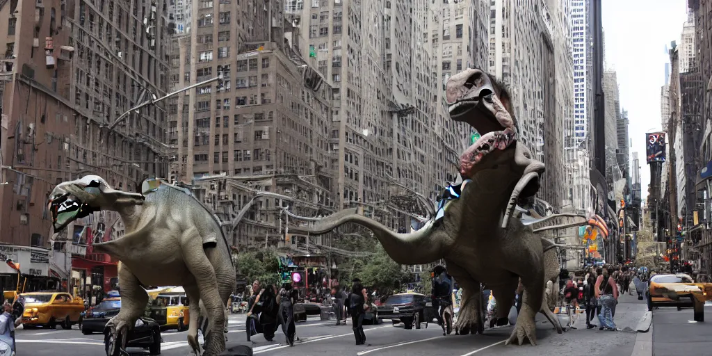 Image similar to Jesus riding a dinosaur in downtown Manhattan