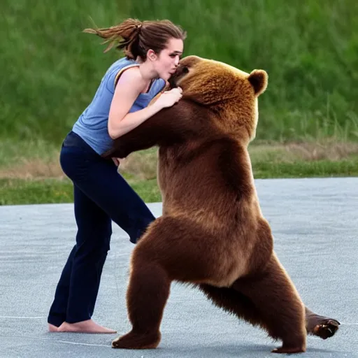 Prompt: emma watson wrestling a bear