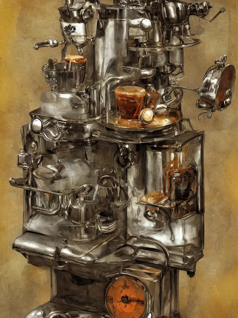 Prompt: ancient coffee machine, by Simon Stalenhaag, by Yoshita Amano, by Esao Andrews, sharp focus, fresh colors, deviantart