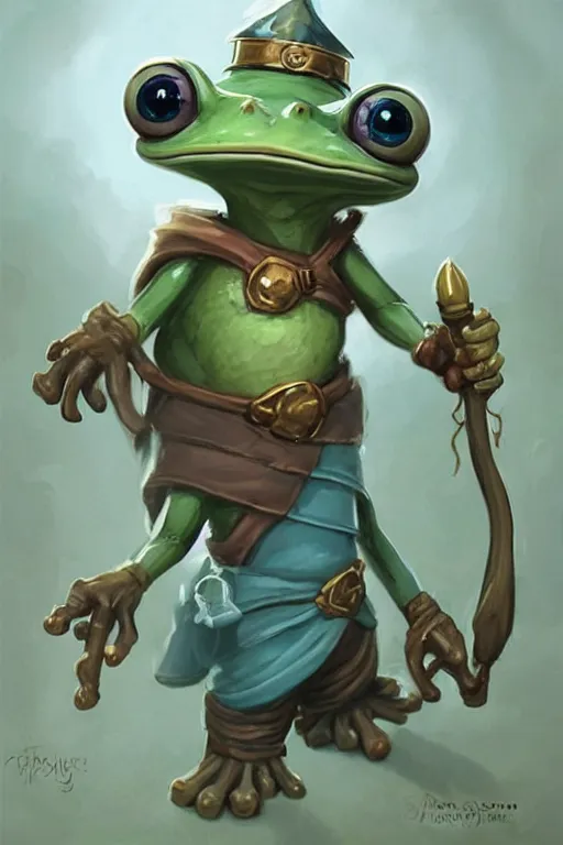 Image similar to cute little anthropomorphic frog wizard wearing a cape and holding a wand, tiny, small, miniature , baby animal, short, pale blue armor, cute and adorable, pretty, beautiful, DnD character art portrait, matte fantasy painting, DeviantArt Artstation, by Jason Felix by Steve Argyle by Tyler Jacobson by Peter Mohrbacher, cinematic lighting