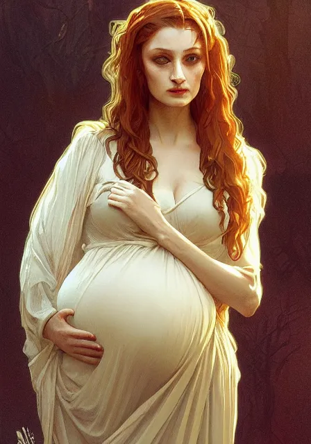 Prompt: sansa pregnant mummy zombie, intricate, elegant, highly detailed, digital painting, artstation, concept art, smooth, sharp focus, illustration, art by artgerm and greg rutkowski and alphonse mucha and william - adolphe bouguereau