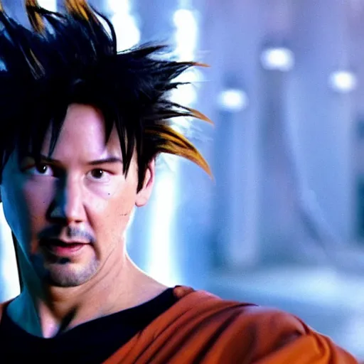 Prompt: photo of keanu reeves as goku in live action dragon ball z movie, cinematic movie still, 8 k hdr