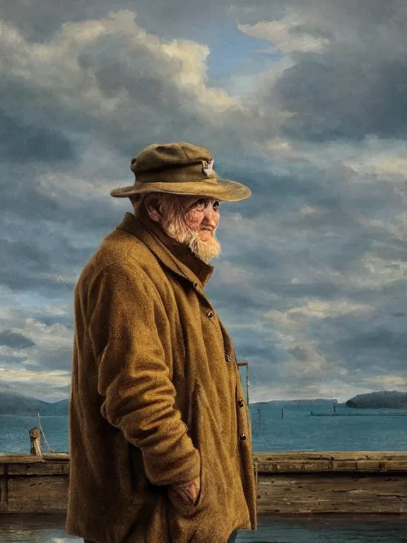 Prompt: realistic renderings portrait of very old fisher man portrait with a hat, wearing a fisher 🧥, coloured wears, ( ( ( ( ( a bird in the sky ) ) ) ) ) ponton port scene background, astonishing scenes, detailed, photorealism, volumetric lighting, autumn lights colors, ultra detailed