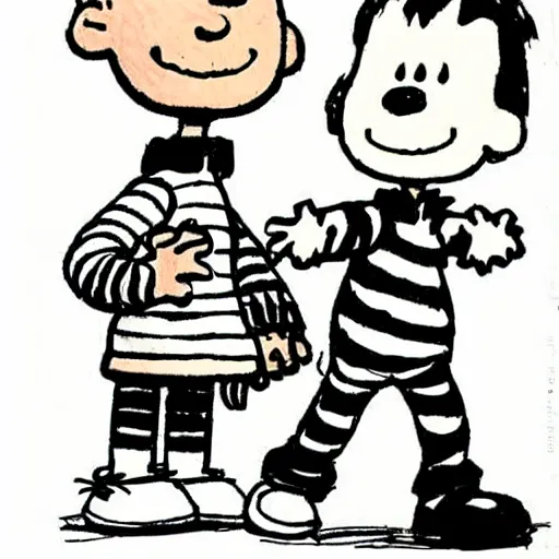 Prompt: charles schulz drawing of calvin and hobbes, newspaper comic strip, peanuts art style