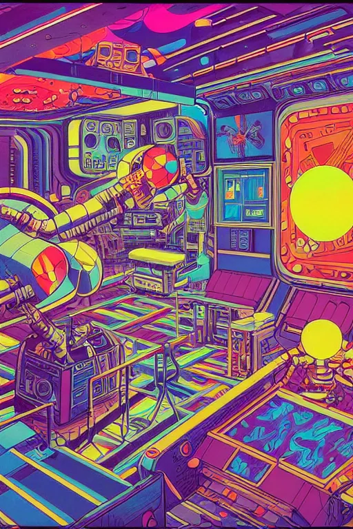 Image similar to a comic panel drawing of a room with a bed in an 8 0 s art deco international space station, robots, led screens, droids, a detailed painting by lisa frank, james jean, kilian eng, moebius, featured on deviantart, psychedelic art, psychedelic, dmt