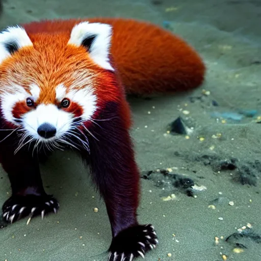 Image similar to dark footage of a red panda walking around the bottom of the ocean