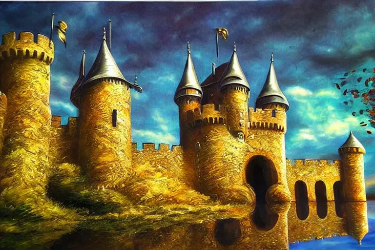 Image similar to castle, fantasy, painting, chrome, reflect, ultra realistic!!!, clear weather, golden hour, sharp focus