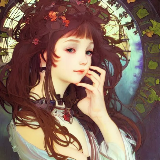 Image similar to detailing character concept portrait painting of cute neko girl, high fantasy, elegant, art station, pixiv, trending, editor’s pickup, by Alphonse Mucha