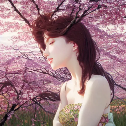 Prompt: dreamy elegant woman lying in a field of cherry blossom and neural networks, highly detailed, CGSociety, postprocessing, photorealistic, matte painting, 8k, by Alphonse Mucha and WLOP and studio ghibli and James Gurney