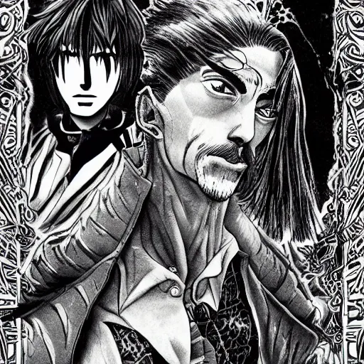 Prompt: pen and ink!!!! attractive 22 year old Gantz monochrome!!!! Frank Zappa x Daniel Radcliff highly detailed manga Vagabond!!!! telepathic floating magic swordsman!!!! glides through a beautiful!!!!!!! battlefield magic the gathering dramatic esoteric!!!!!! pen and ink!!!!! illustrated in high detail!!!!!!!! graphic novel!!!!!!!!! by Kim Jung Gi and Hiroya Oku!!!!!!!!! MTG!!! award winning!!!! full closeup portrait!!!!! action manga panel